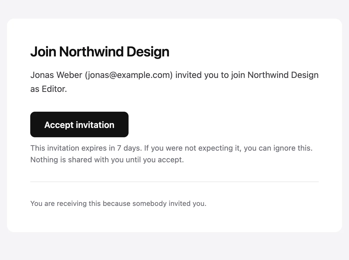 Preview of the Team invitation template