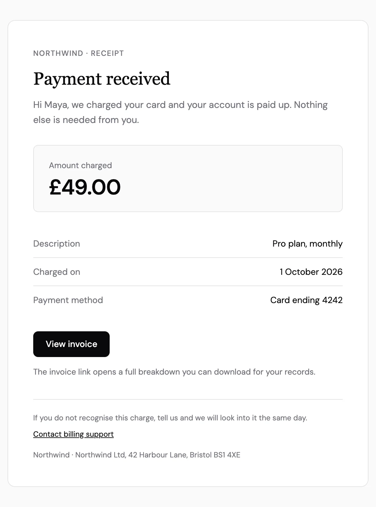 Preview of the Payment receipt template