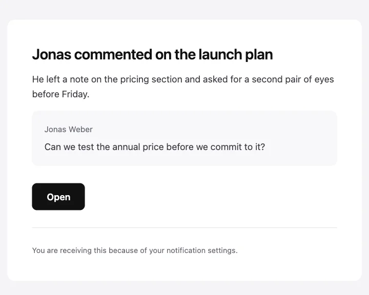 Preview of the Notification template