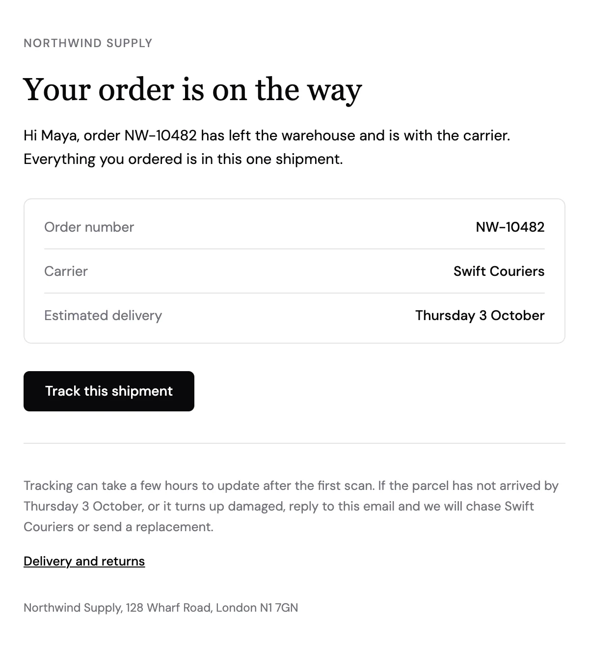 Preview of the Order shipped template