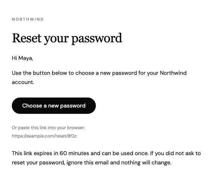 Preview of the Password reset template