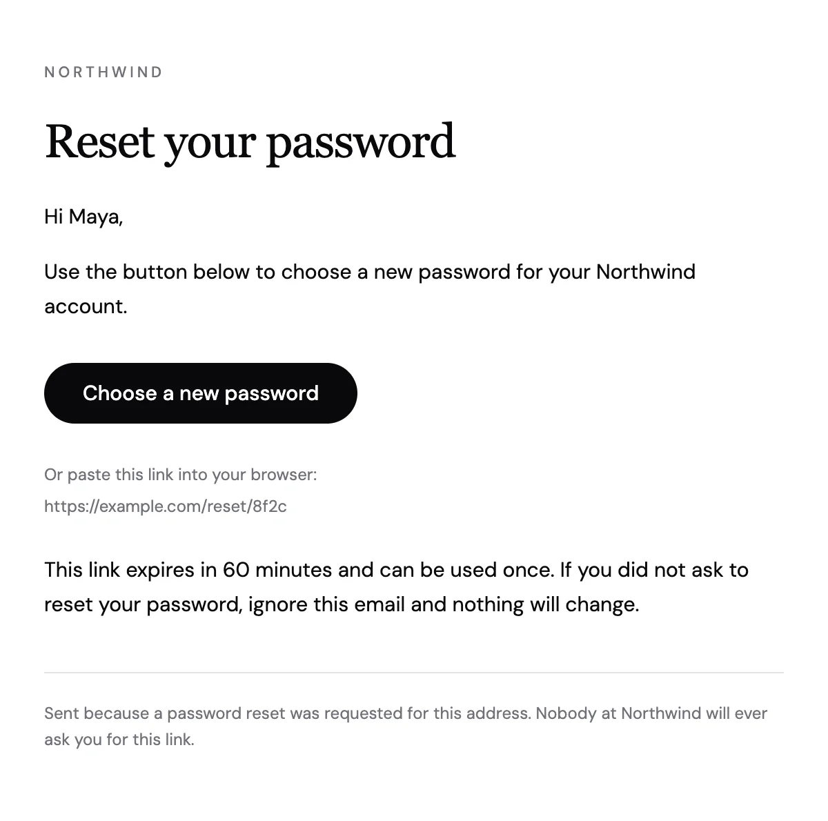 Preview of the Password reset template