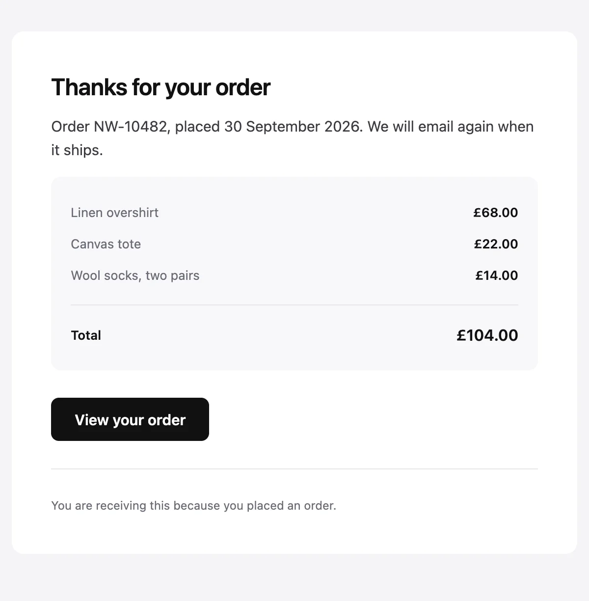 Preview of the Order receipt template