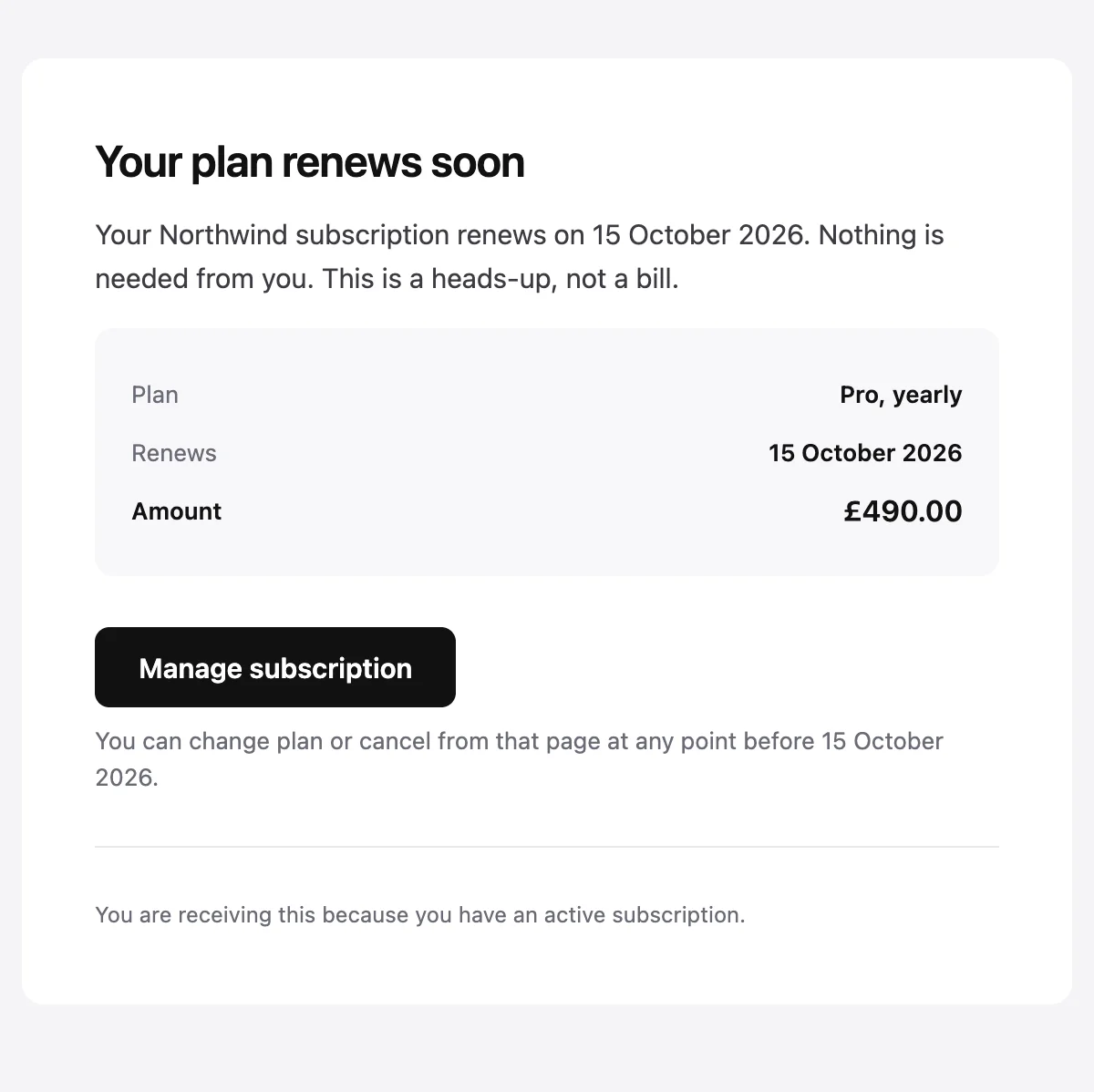 Preview of the Renewal notice template