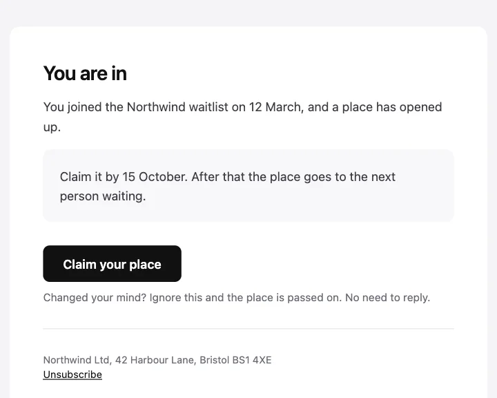 Preview of the Waitlist invitation template